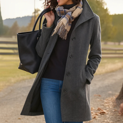 Wool-Blend Midi Coat – Women's Button-Front High Collar Winter Coat