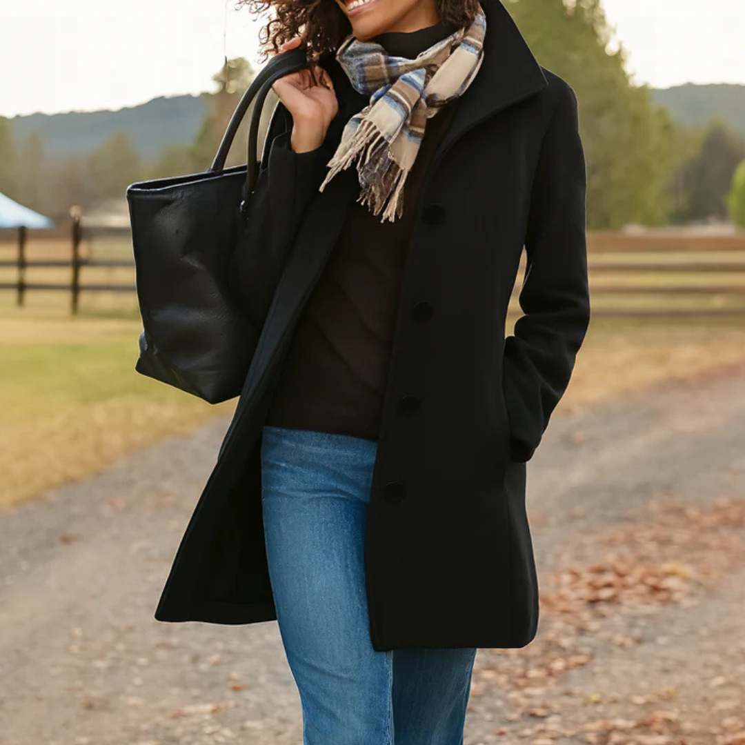 Wool-Blend Midi Coat – Women's Button-Front High Collar Winter Coat