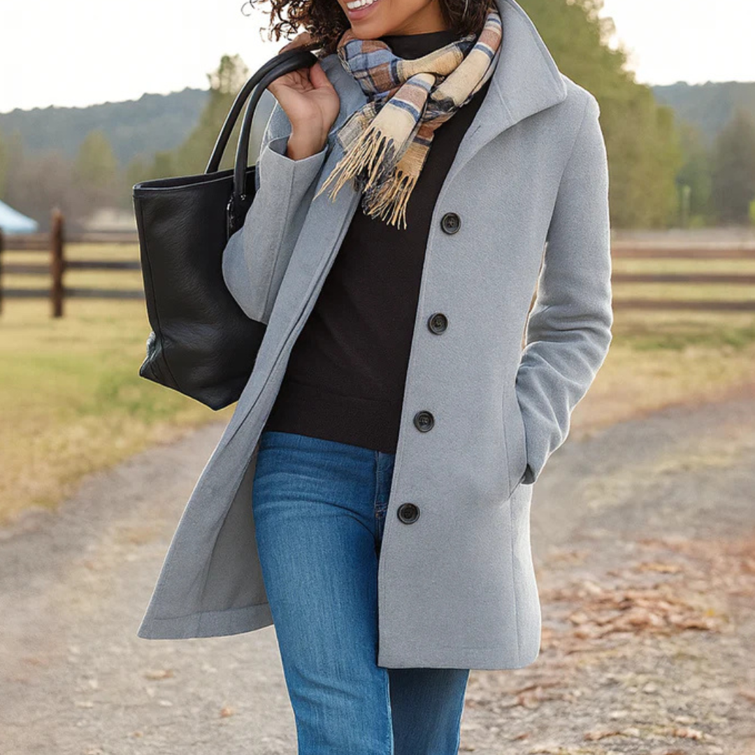 Wool-Blend Midi Coat – Women's Button-Front High Collar Winter Coat