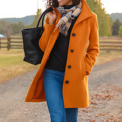 Wool-Blend Midi Coat – Women's Button-Front High Collar Winter Coat