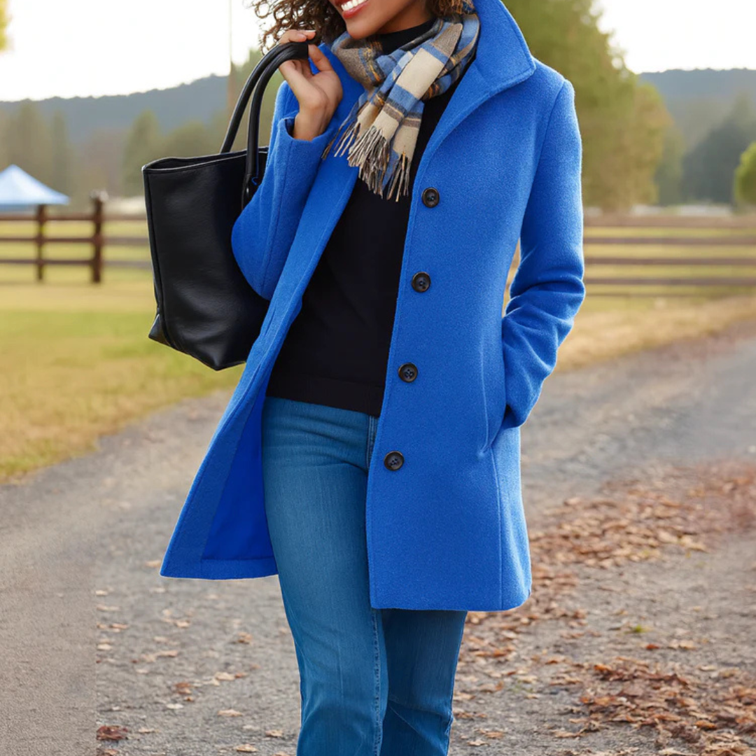 Wool-Blend Midi Coat – Women's Button-Front High Collar Winter Coat