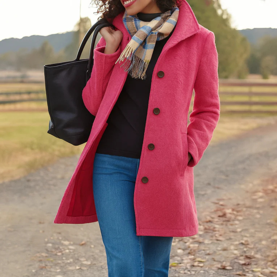 Wool-Blend Midi Coat – Women's Button-Front High Collar Winter Coat