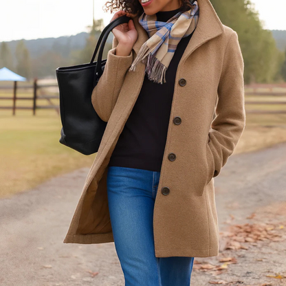 Wool-Blend Midi Coat – Women's Button-Front High Collar Winter Coat