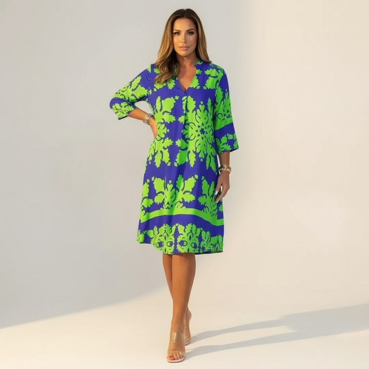 Printed Tunic Dress – V-Neck 3/4 Sleeve Knee-Length A-Line