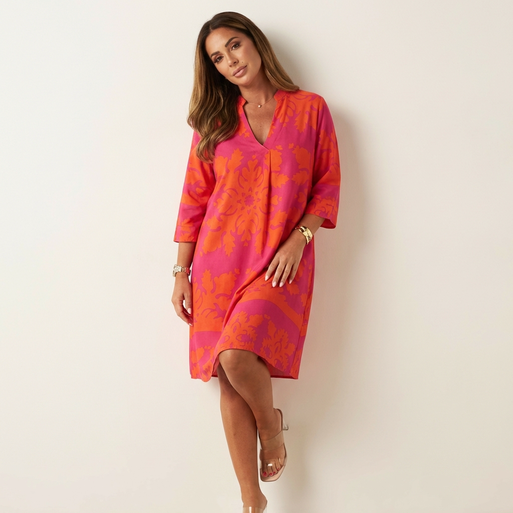 Printed Tunic Dress – V-Neck 3/4 Sleeve Knee-Length A-Line