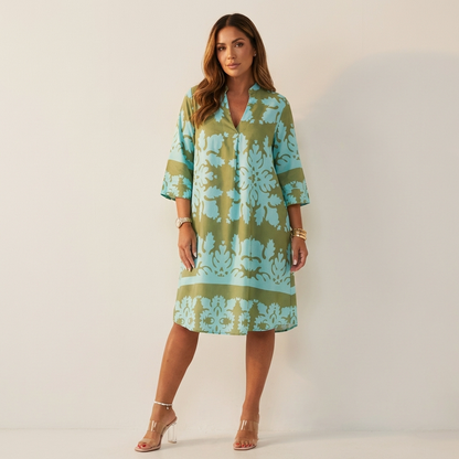 Printed Tunic Dress – V-Neck 3/4 Sleeve Knee-Length A-Line