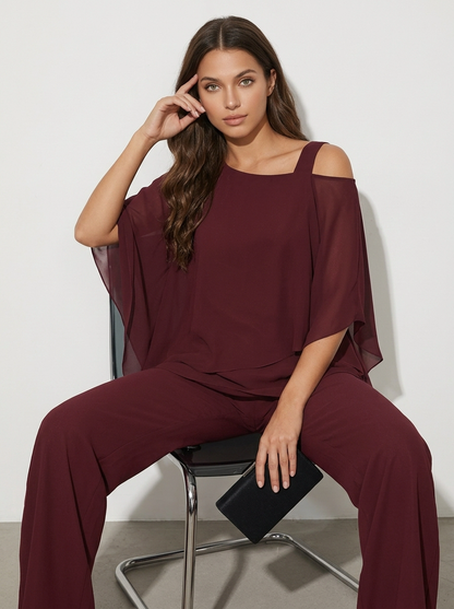 Chiffon Two-Piece Pants Set – Cold Shoulder Layered Top Wide Leg