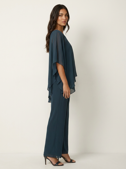 Chiffon Two-Piece Pants Set – Cold Shoulder Layered Top Wide Leg