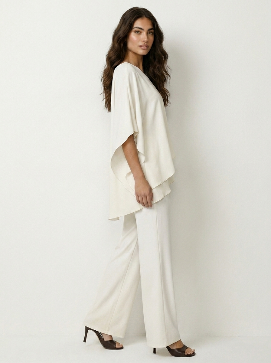 Chiffon Two-Piece Pants Set – Cold Shoulder Layered Top Wide Leg