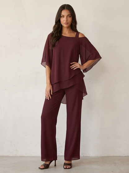 Chiffon Two-Piece Pants Set – Cold Shoulder Layered Top Wide Leg