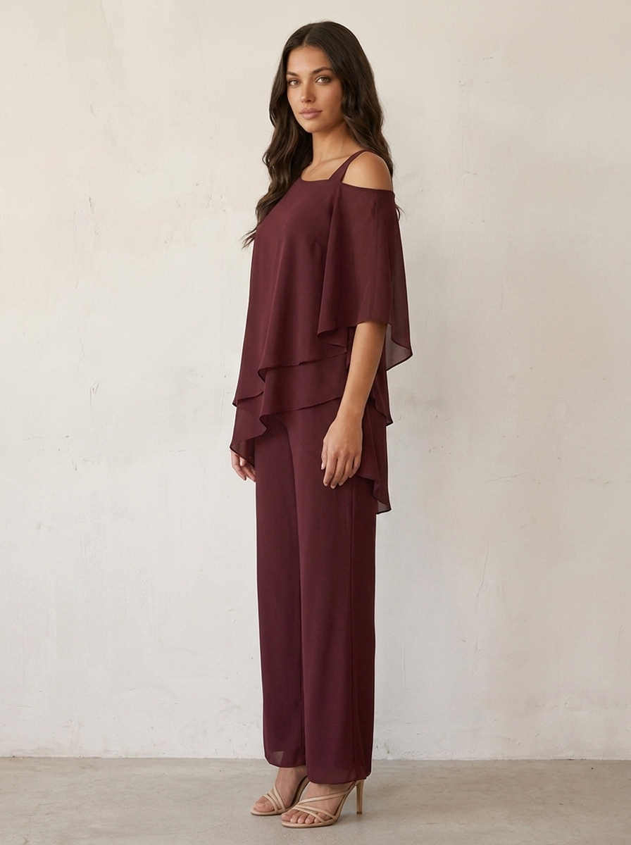 Chiffon Two-Piece Pants Set – Cold Shoulder Layered Top Wide Leg