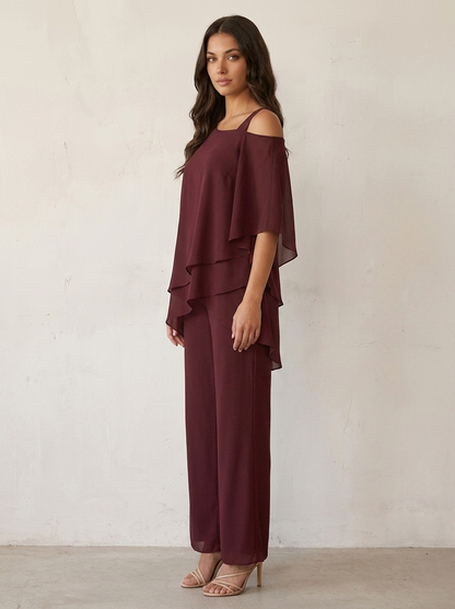 Chiffon Two-Piece Pants Set – Cold Shoulder Layered Top Wide Leg