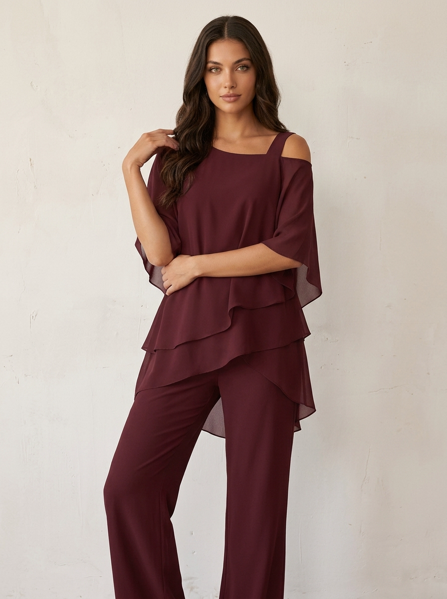 Chiffon Two-Piece Pants Set – Cold Shoulder Layered Top Wide Leg