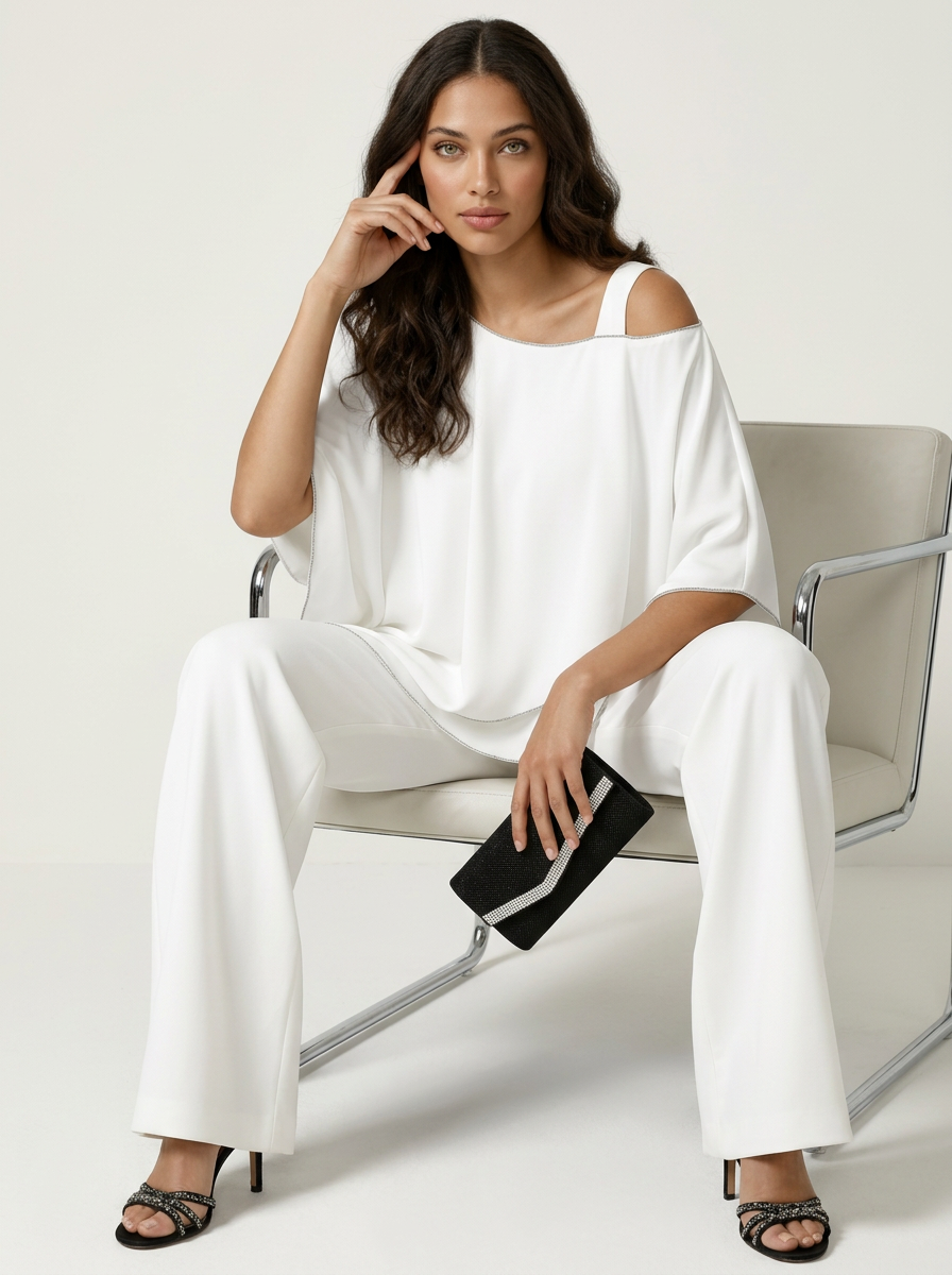 Chiffon Two-Piece Pants Set – Cold Shoulder Layered Top Wide Leg