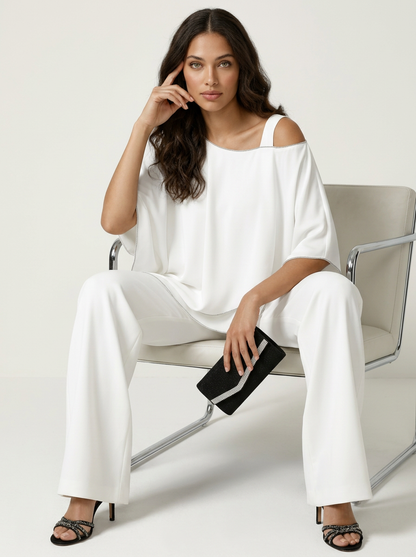 Chiffon Two-Piece Pants Set – Cold Shoulder Layered Top Wide Leg