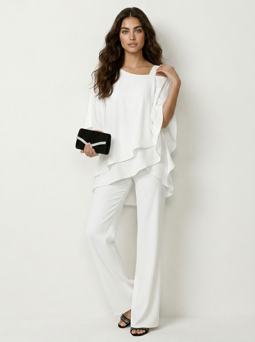 Chiffon Two-Piece Pants Set – Cold Shoulder Layered Top Wide Leg