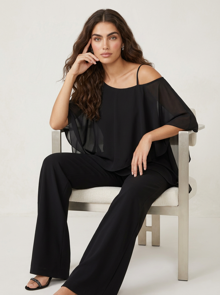 Chiffon Two-Piece Pants Set – Cold Shoulder Layered Top Wide Leg