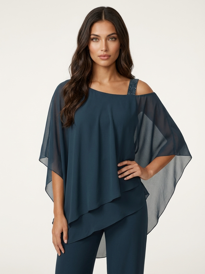 Chiffon Two-Piece Pants Set – Cold Shoulder Layered Top Wide Leg
