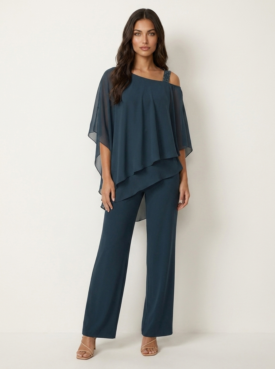 Chiffon Two-Piece Pants Set – Cold Shoulder Layered Top Wide Leg