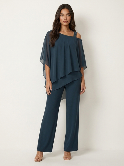 Chiffon Two-Piece Pants Set – Cold Shoulder Layered Top Wide Leg
