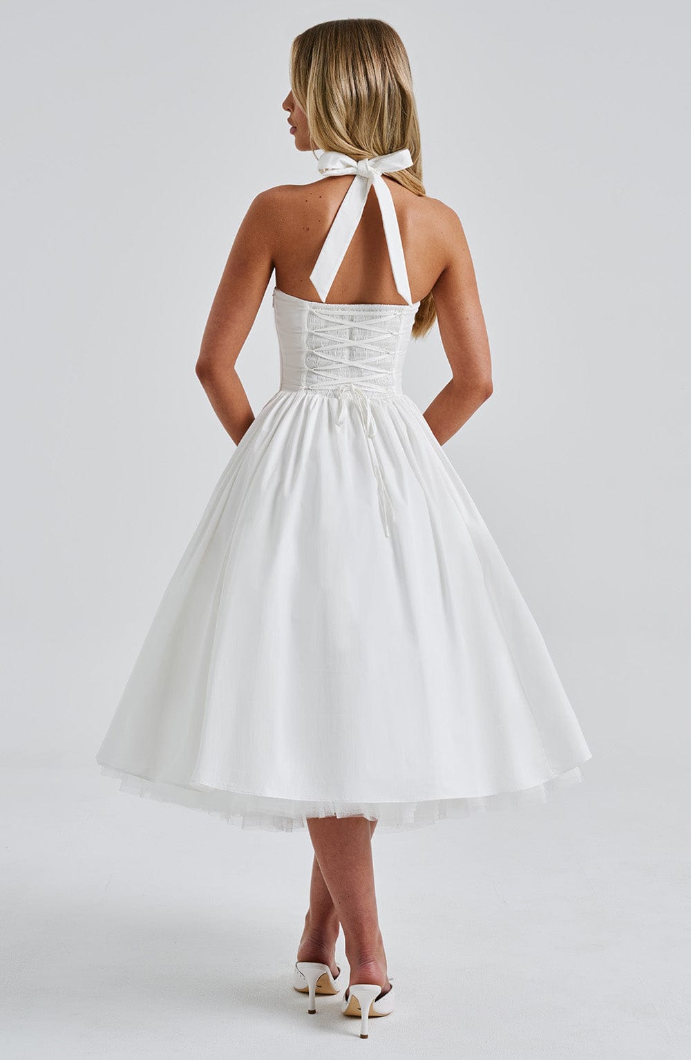 Halter Neck Corset Midi Dress – Fit-and-Flare Tulle Hem Occasion Dress