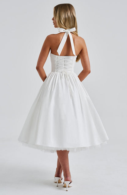 Halter Neck Corset Midi Dress – Fit-and-Flare Tulle Hem Occasion Dress