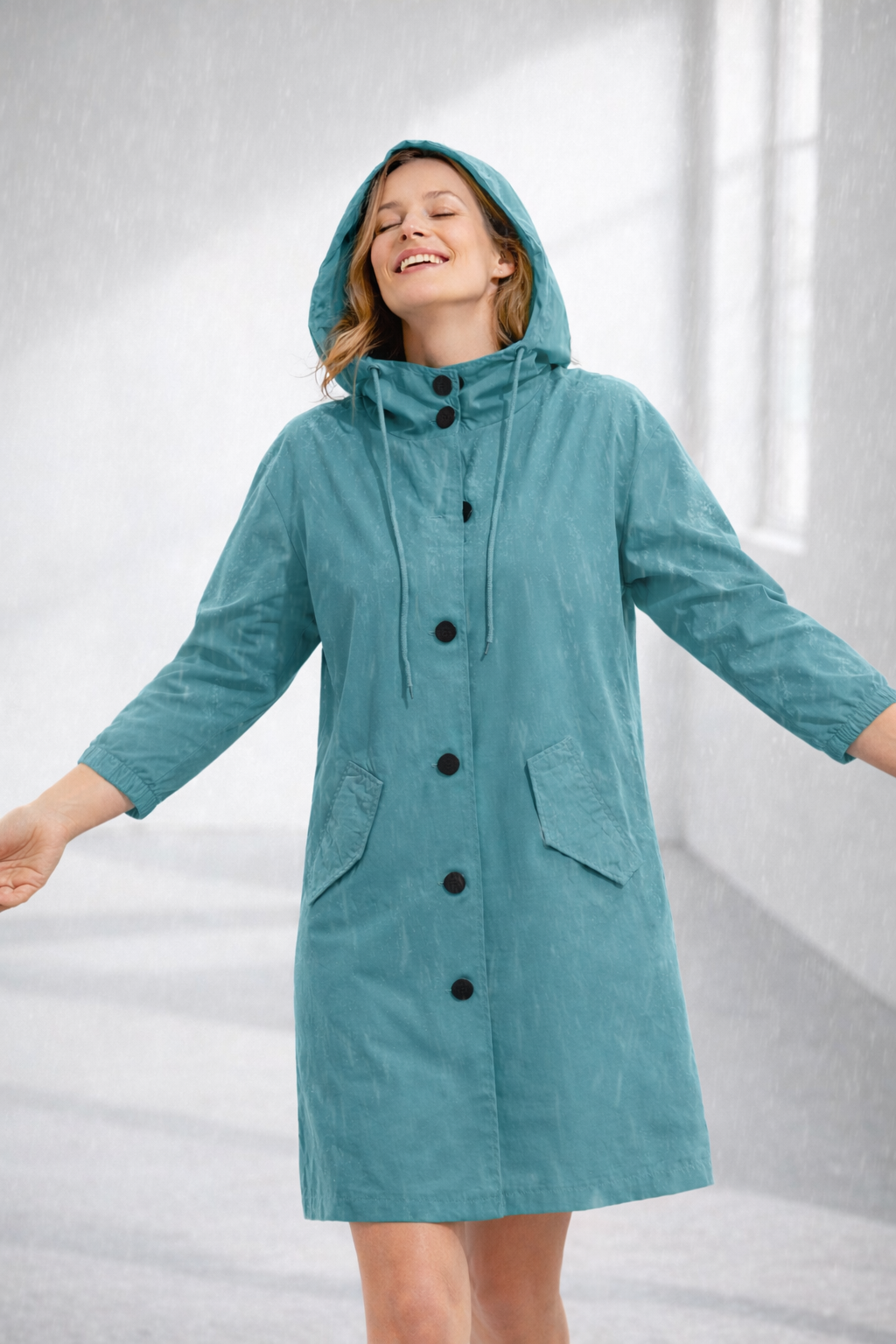 Button-Front Hooded Rain Coat – Knee-Length Loose Fit