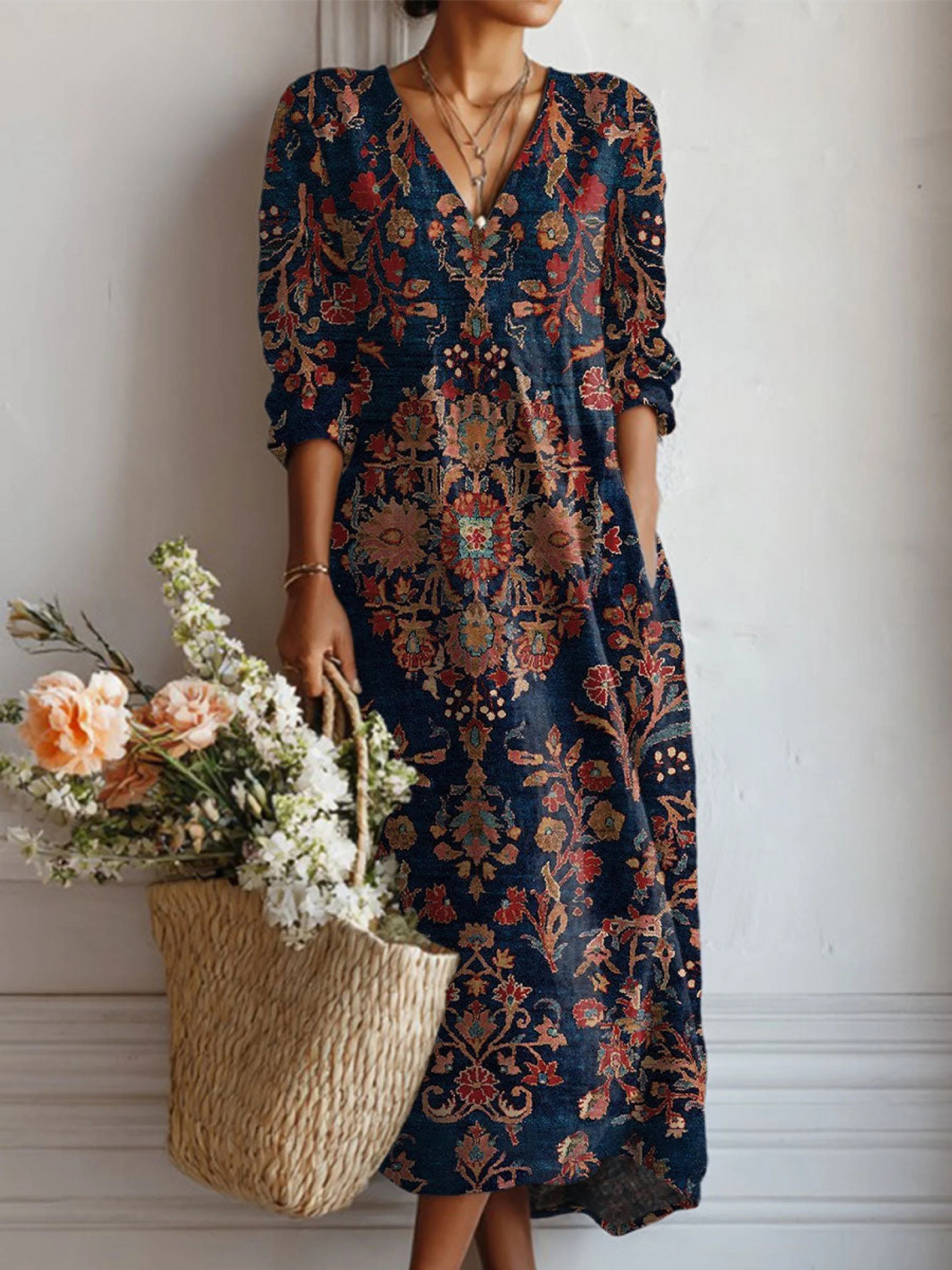 Boho Floral Maxi Dress – Long Sleeve V-Neck with Pockets