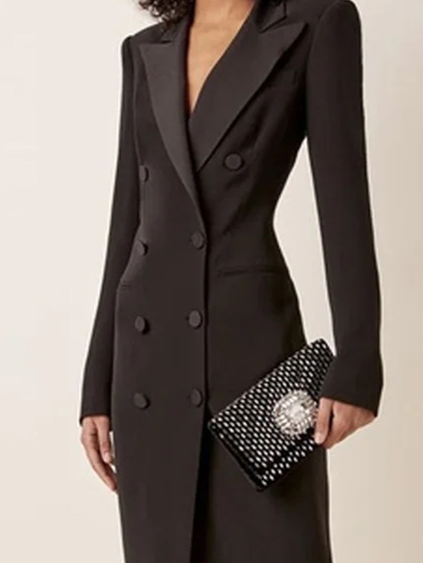 Double Breasted Tuxedo Maxi Dress – Long Sleeve Blazer Gown with Slit