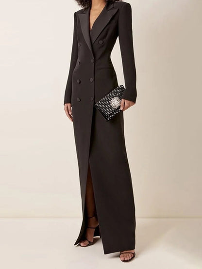 Double Breasted Tuxedo Maxi Dress – Long Sleeve Blazer Gown with Slit