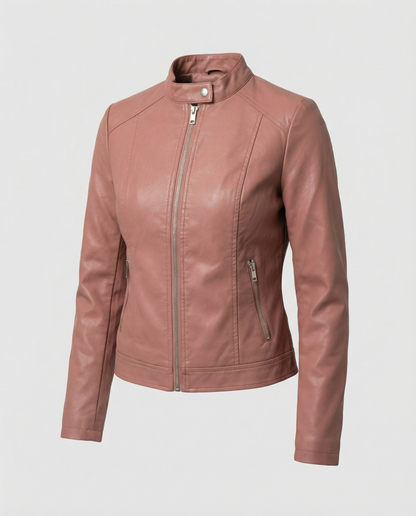 Faux Leather Biker Jacket Women – Slim Fit Zip-Up Moto Jacket