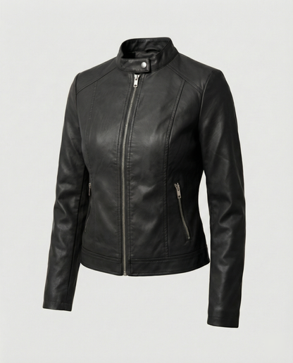Faux Leather Biker Jacket Women – Slim Fit Zip-Up Moto Jacket