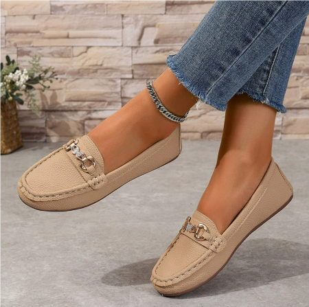 Flat Horsebit Loafers – Women's Slip-On Round Toe Gold Buckle