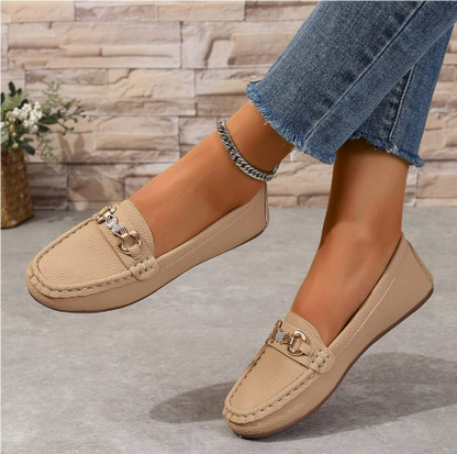Flat Horsebit Loafers – Women's Slip-On Round Toe Gold Buckle