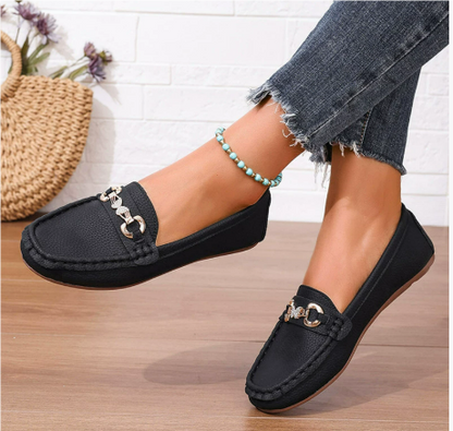 Flat Horsebit Loafers – Women's Slip-On Round Toe Gold Buckle