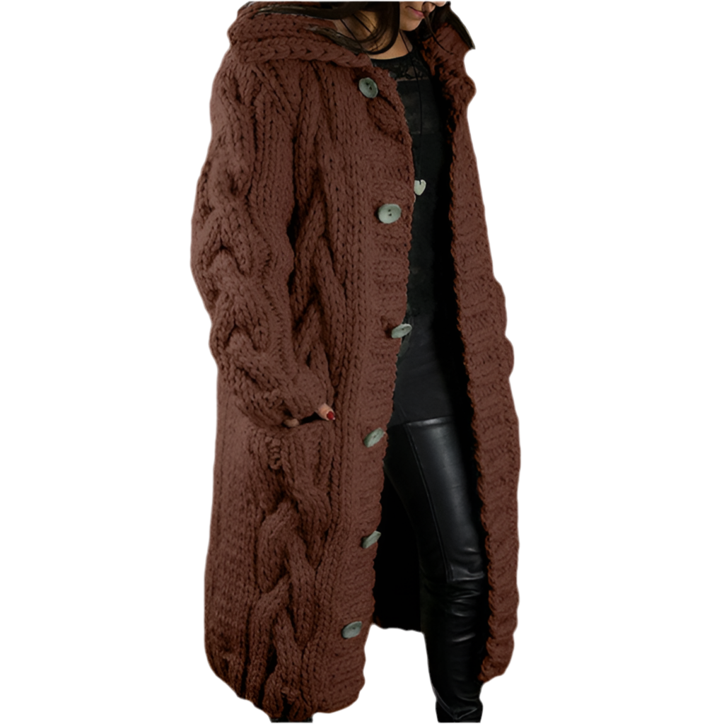 Chunky Cable Knit Hooded Cardigan – Longline Button-Front Sweater Coat