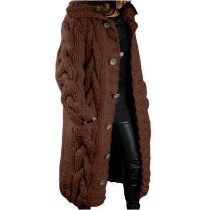 Chunky Cable Knit Hooded Cardigan – Longline Button-Front Sweater Coat