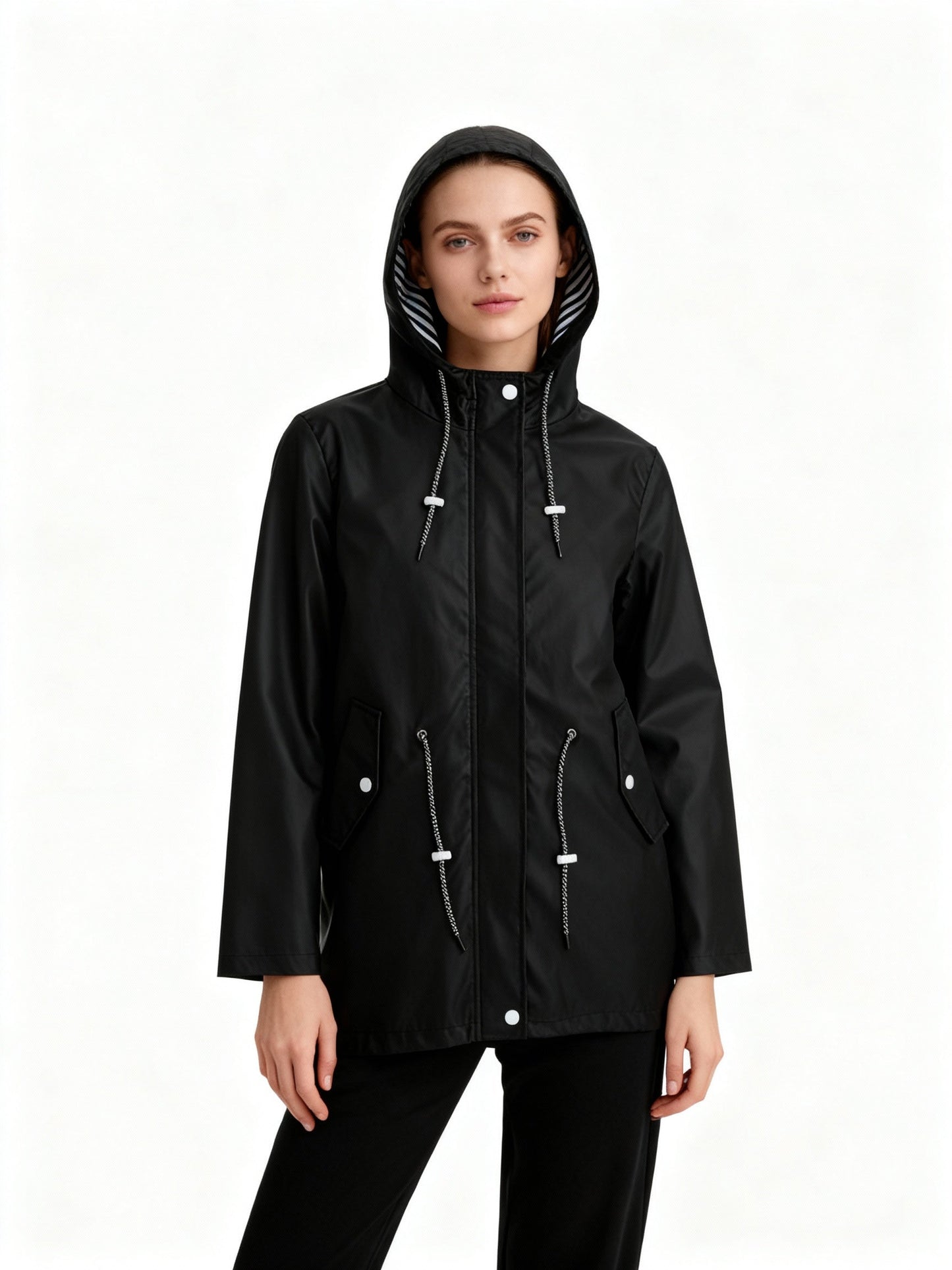 Hooded Waterproof Rain Jacket – Women's Fishtail Hem Drawstring Raincoat
