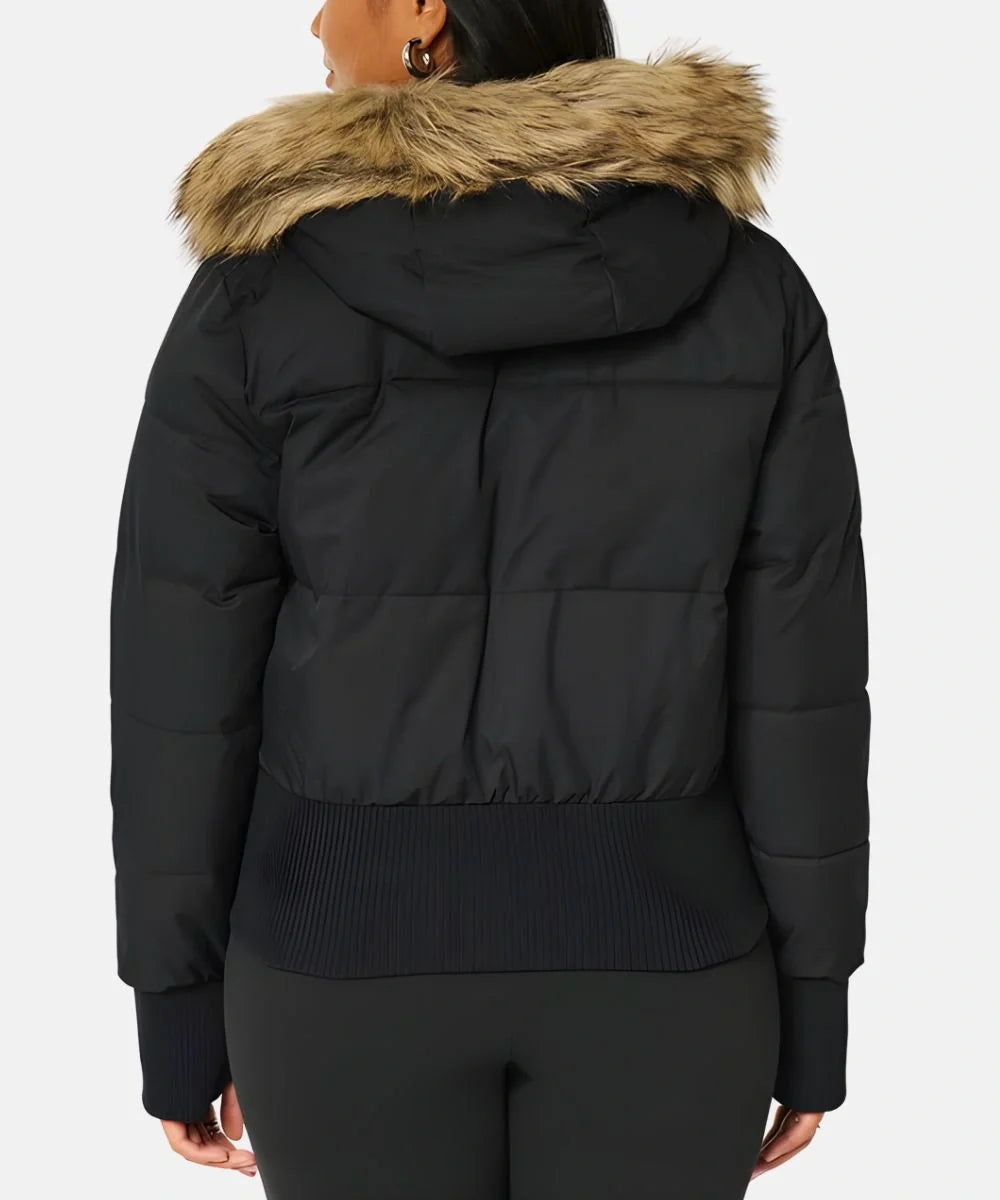 Quilted Puffer Bomber Jacket – Faux Fur Hood Slim Fit Winter