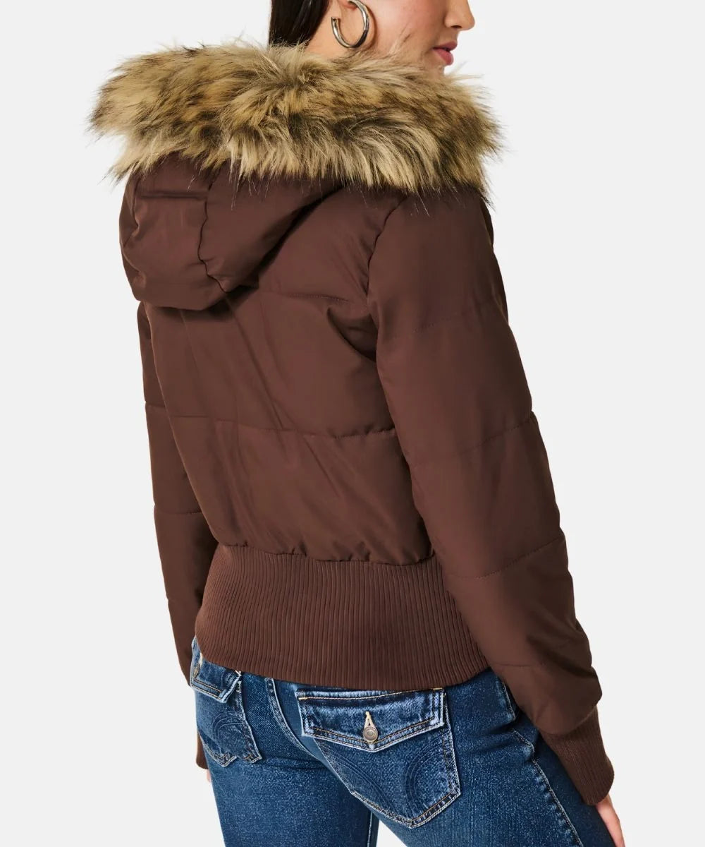 Quilted Puffer Bomber Jacket – Faux Fur Hood Slim Fit Winter