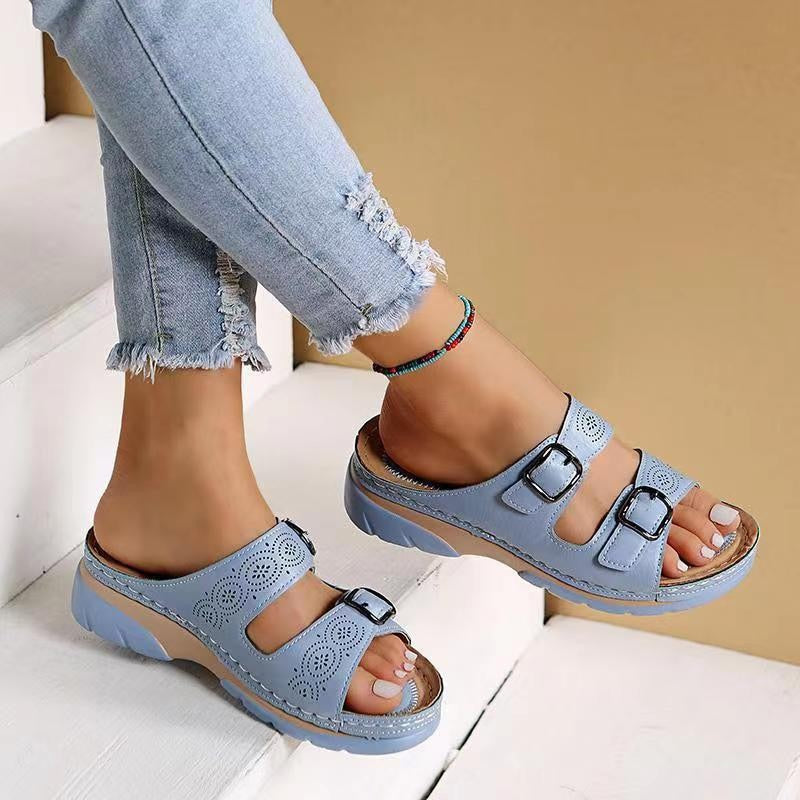 Double Buckle Wedge Sandals – Open Toe Wide Fit Slip-On