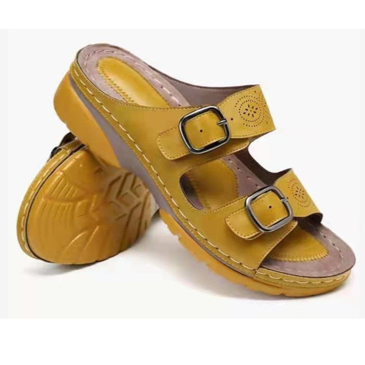 Double Buckle Wedge Sandals – Open Toe Wide Fit Slip-On