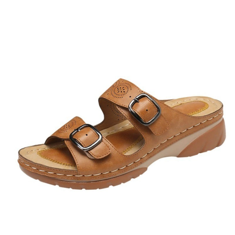 Double Buckle Wedge Sandals – Open Toe Wide Fit Slip-On