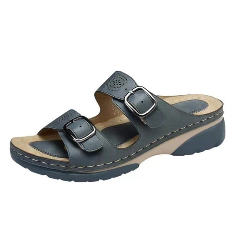 Double Buckle Wedge Sandals – Open Toe Wide Fit Slip-On