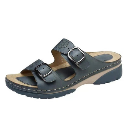 Double Buckle Wedge Sandals – Open Toe Wide Fit Slip-On