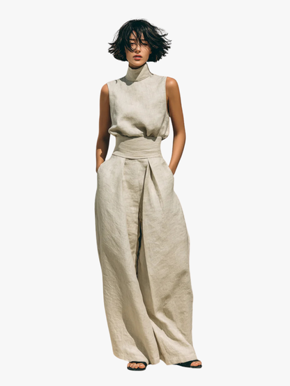 Linen Wide-Leg Two-Piece Set – Sleeveless Turtleneck Top Palazzo Pants