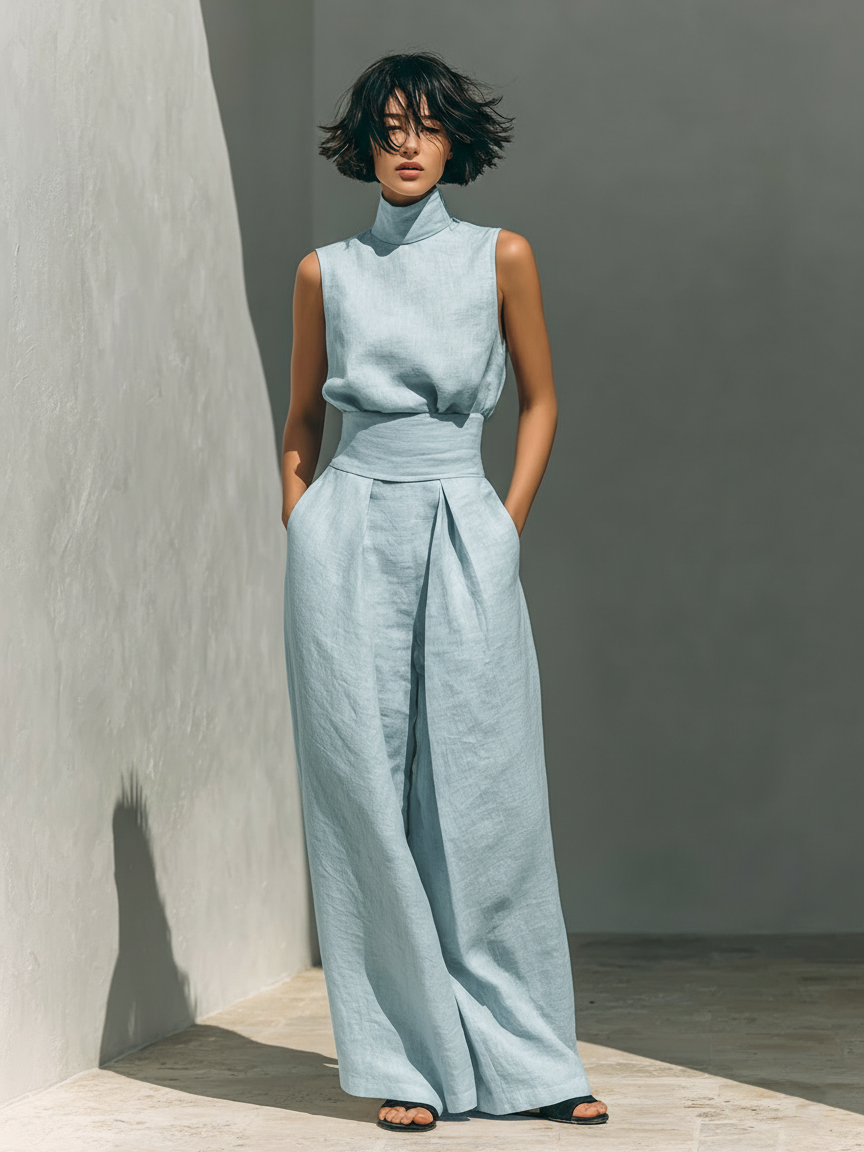 Linen Wide-Leg Two-Piece Set – Sleeveless Turtleneck Top Palazzo Pants