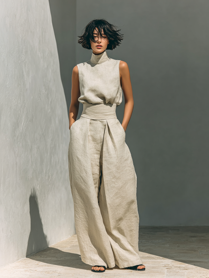 Linen Wide-Leg Two-Piece Set – Sleeveless Turtleneck Top Palazzo Pants