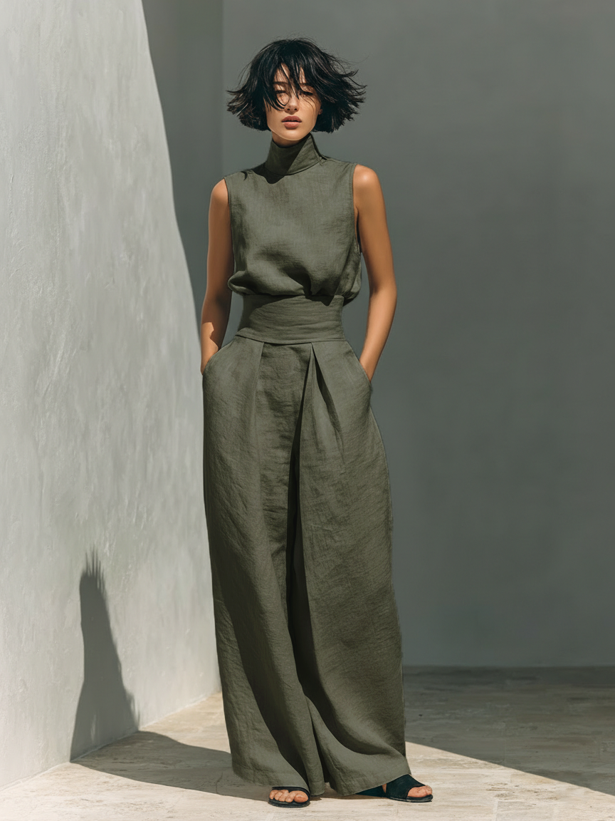 Linen Wide-Leg Two-Piece Set – Sleeveless Turtleneck Top Palazzo Pants
