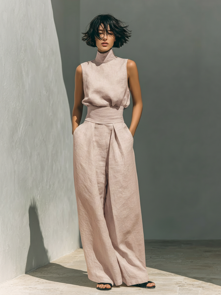 Linen Wide-Leg Two-Piece Set – Sleeveless Turtleneck Top Palazzo Pants